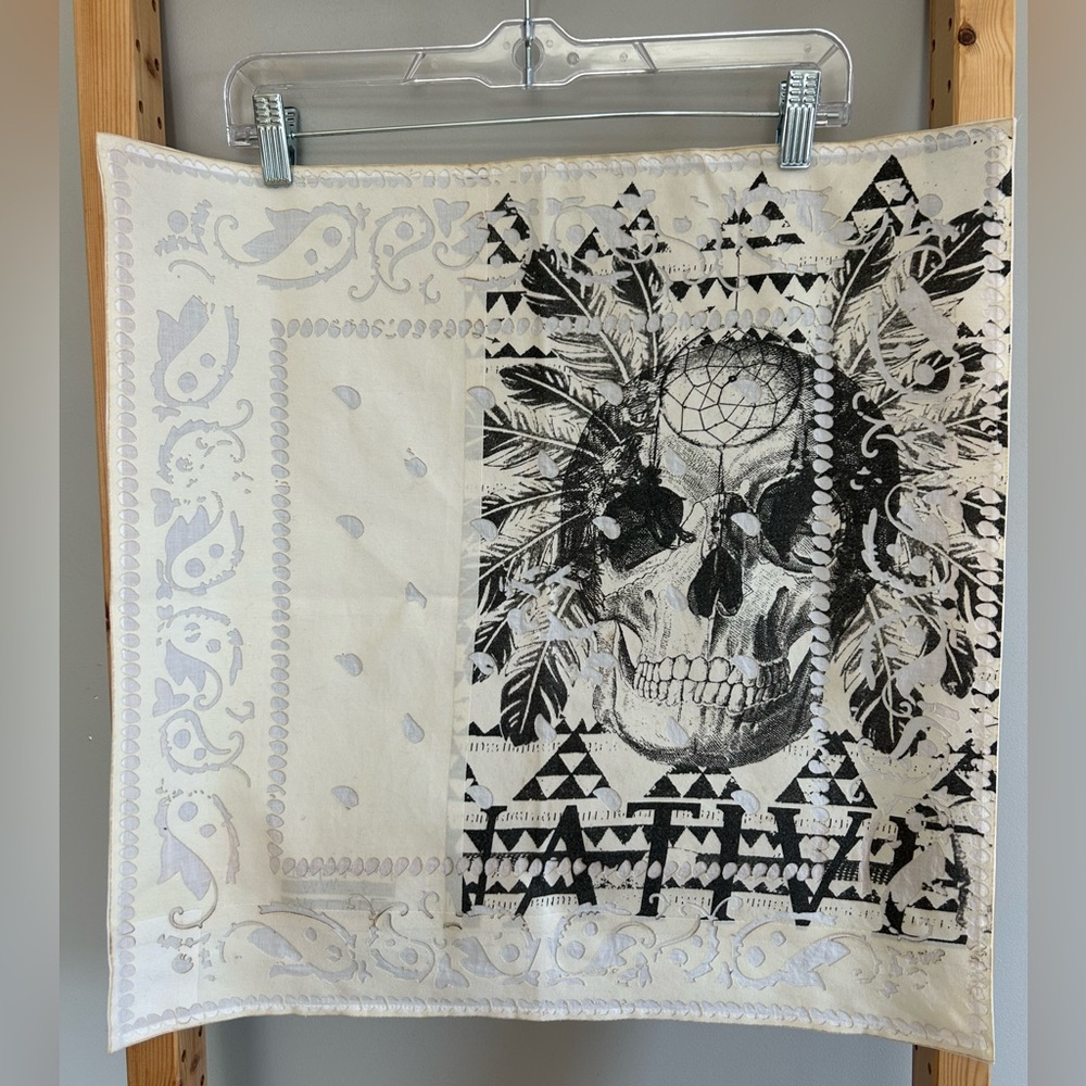 KARA Skull and Dreamcatcher Cotton Bandana in Cream & Black 20”x20”